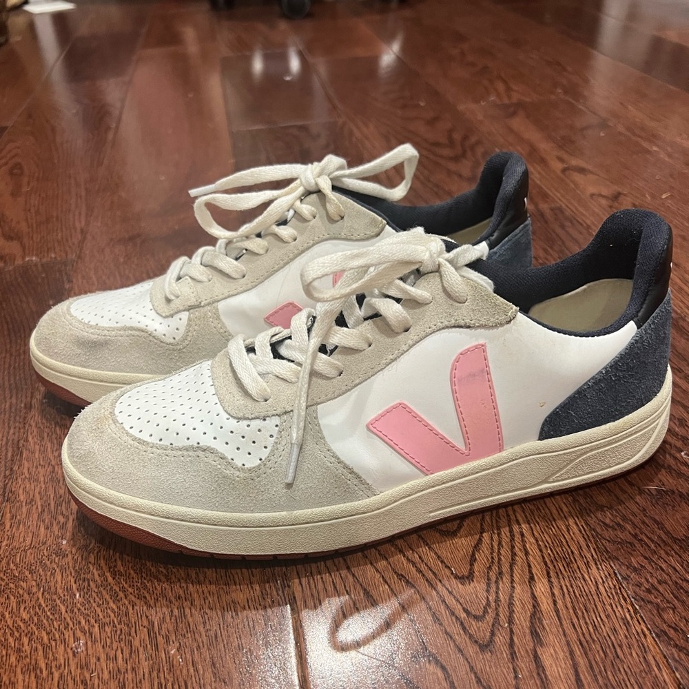 Veja V-10 Lace-Up Sneakers in White with Pink and Navy Accents - Size 40 / 9